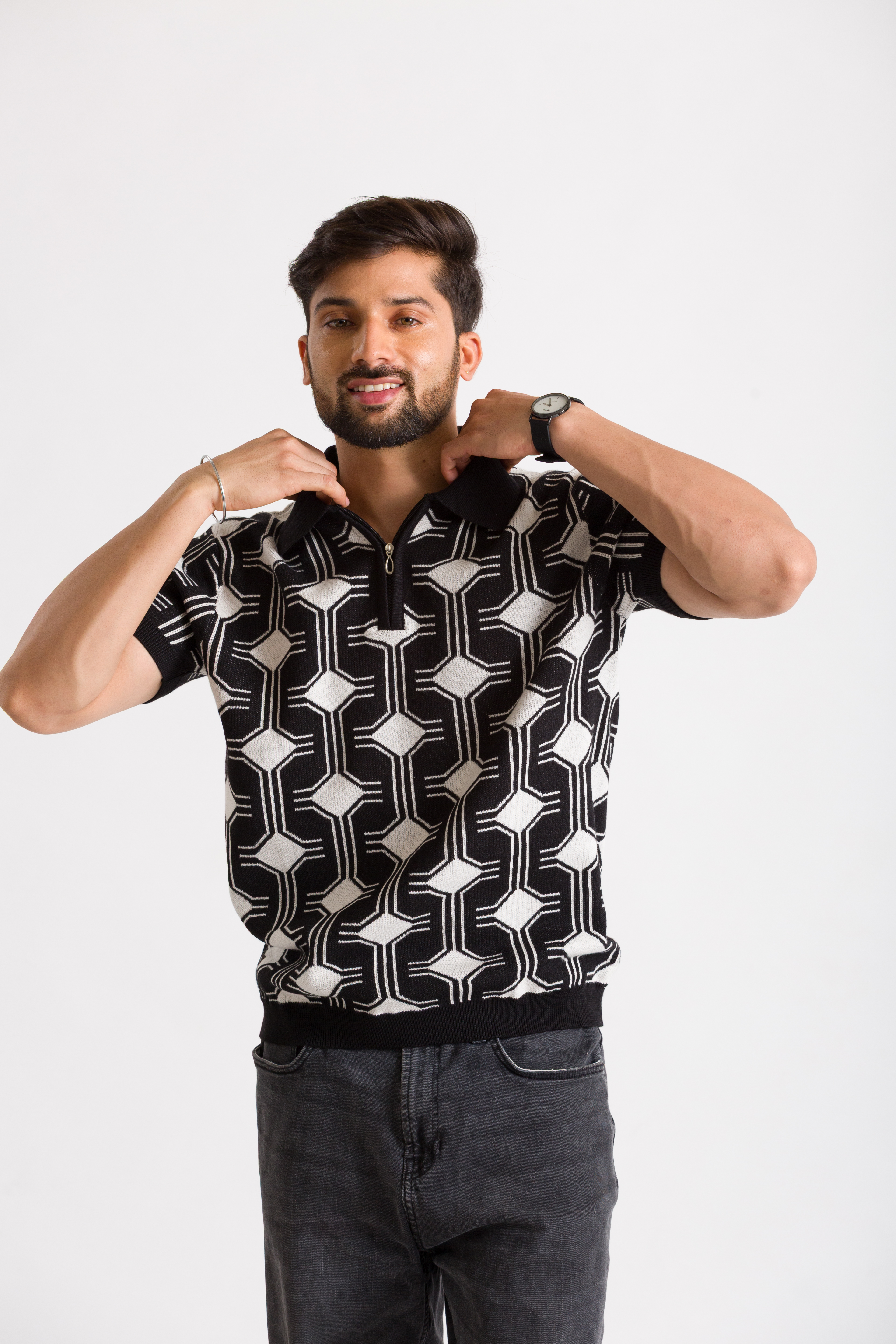 Knitted Black Jacquard Polo T-Shirt